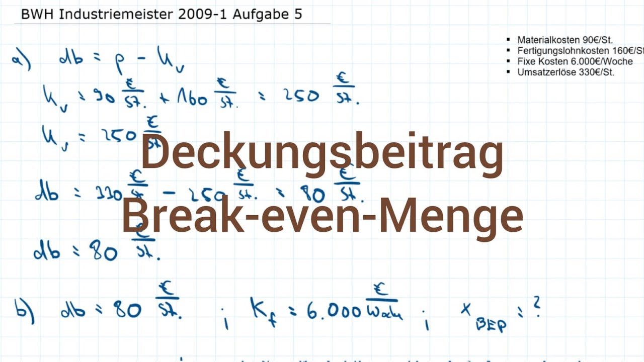 BWH Industriemeister Metall 1999-1 Fr&uuml;hjahr Aufgabe 5 - Deckungsbeitrag, Break-even-Menge