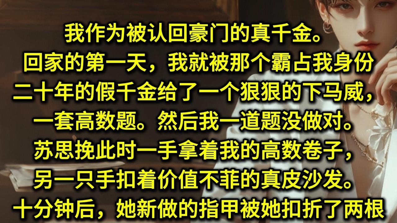 我作为被认回豪门的真千金。回家的第一天，我就被那个霸占我身份二十年的假千金给了一个狠狠的下马威——一套高数题。……然后我一道题没做对。苏思挽此时一手拿着我的高数卷子，另一只手扣着价值不菲的真皮沙发。