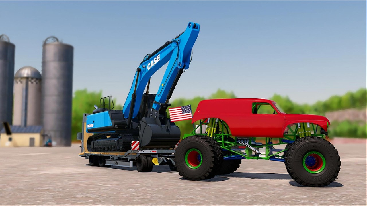 TRANSPORTING BLUE EXCAVATOR WITH MONSTER TRUCK   FS22