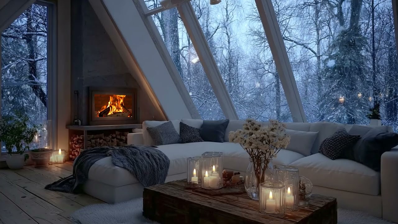🎹 Piano by the Fireplace ❄️ Cozy Winter Lounge with Snow View for 3 Hours | Relax & Sleep