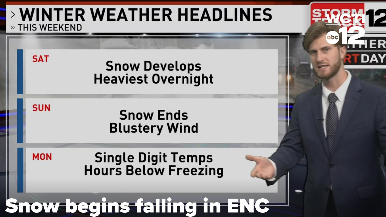 Начался снегопад, поскольку в восточную часть Северной Каролины приближается сильный зимний шторм.