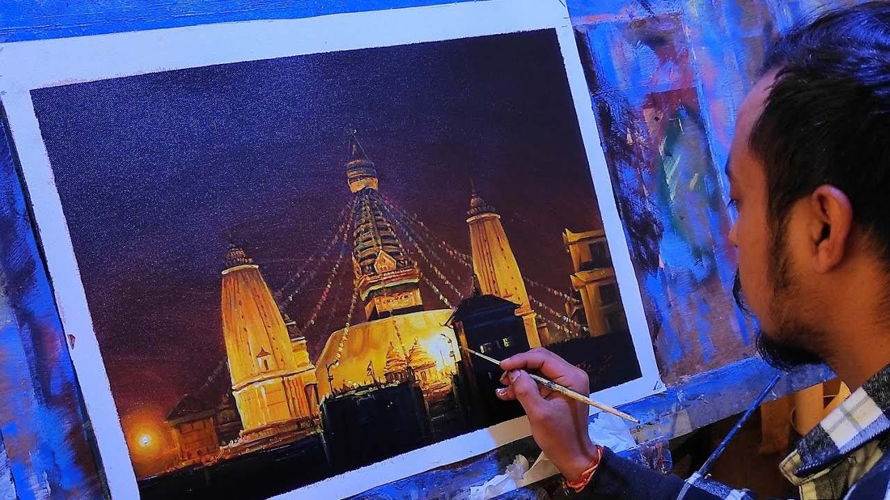 acrylic painting time lapse night swayambhunath(monkey temple) #heritageofnepal#acrylicpainting