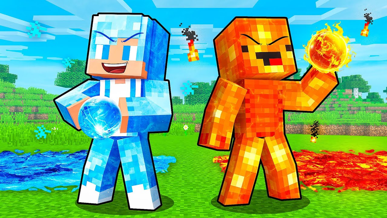 JJ and Mikey FIRE vs ICE Elemental God Battle in Minecraft - Maizen