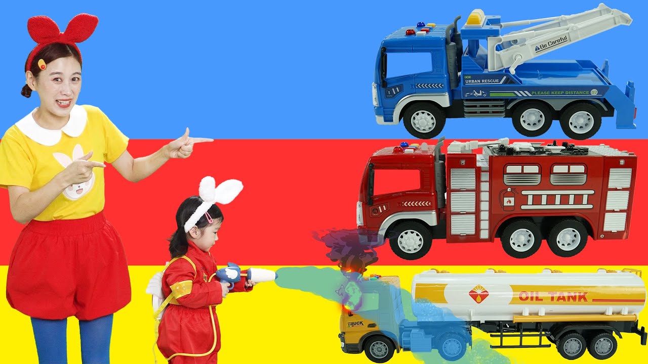 油罐車著火了，消防車和拖車來幫忙 | 兔子姐姐过家家BunnySister Kid&lsquo; s Storys Fire truck car toy दमकल