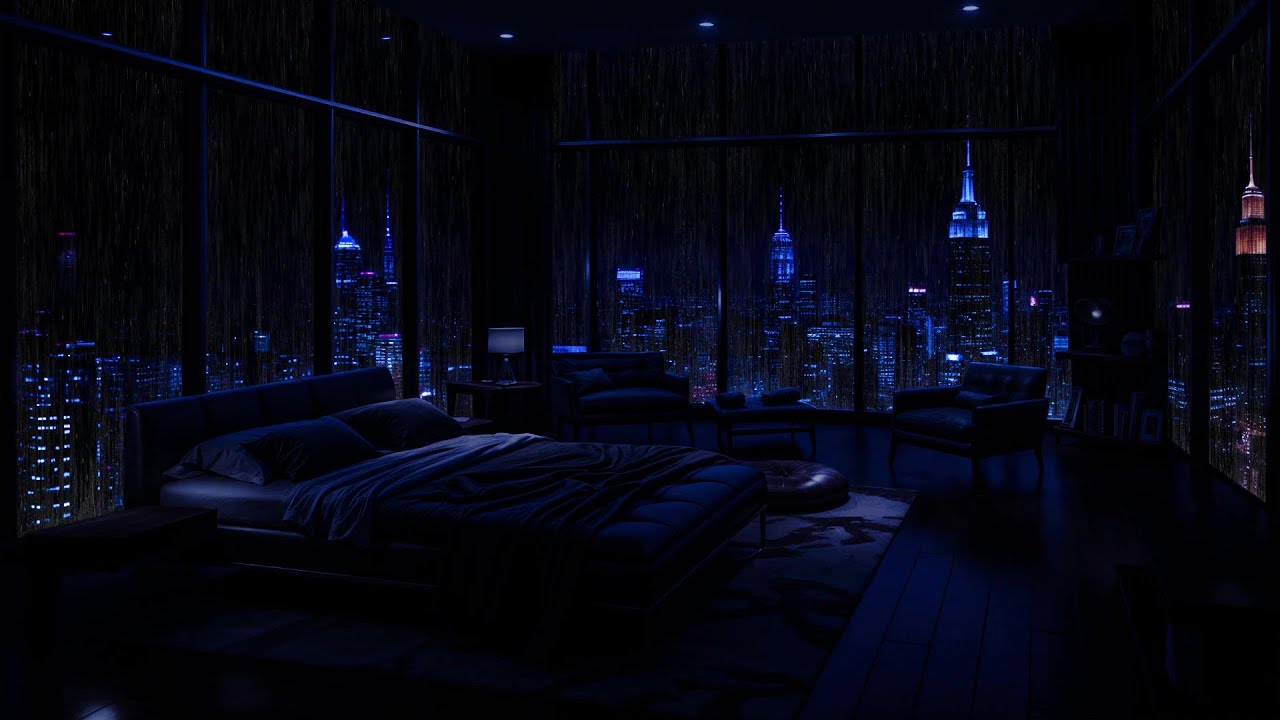 Late Night Rain in NYC Apartment ☔ City Lights Ambience for Sleep & Study