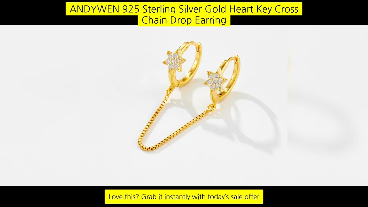 Andywen 925 Sterling Silver Gold Heart Key Cross Chain Drop Earring Piercing