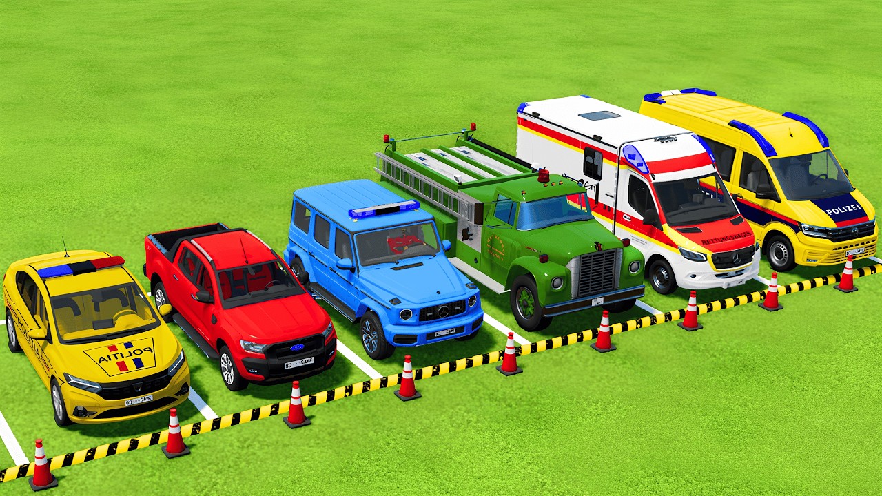 TRANSPORTING POLICE CARS, FIRE DEPARTMENT, AMBULANCE VEHICLES WITH TRUCKS ! Farming Simulator 25