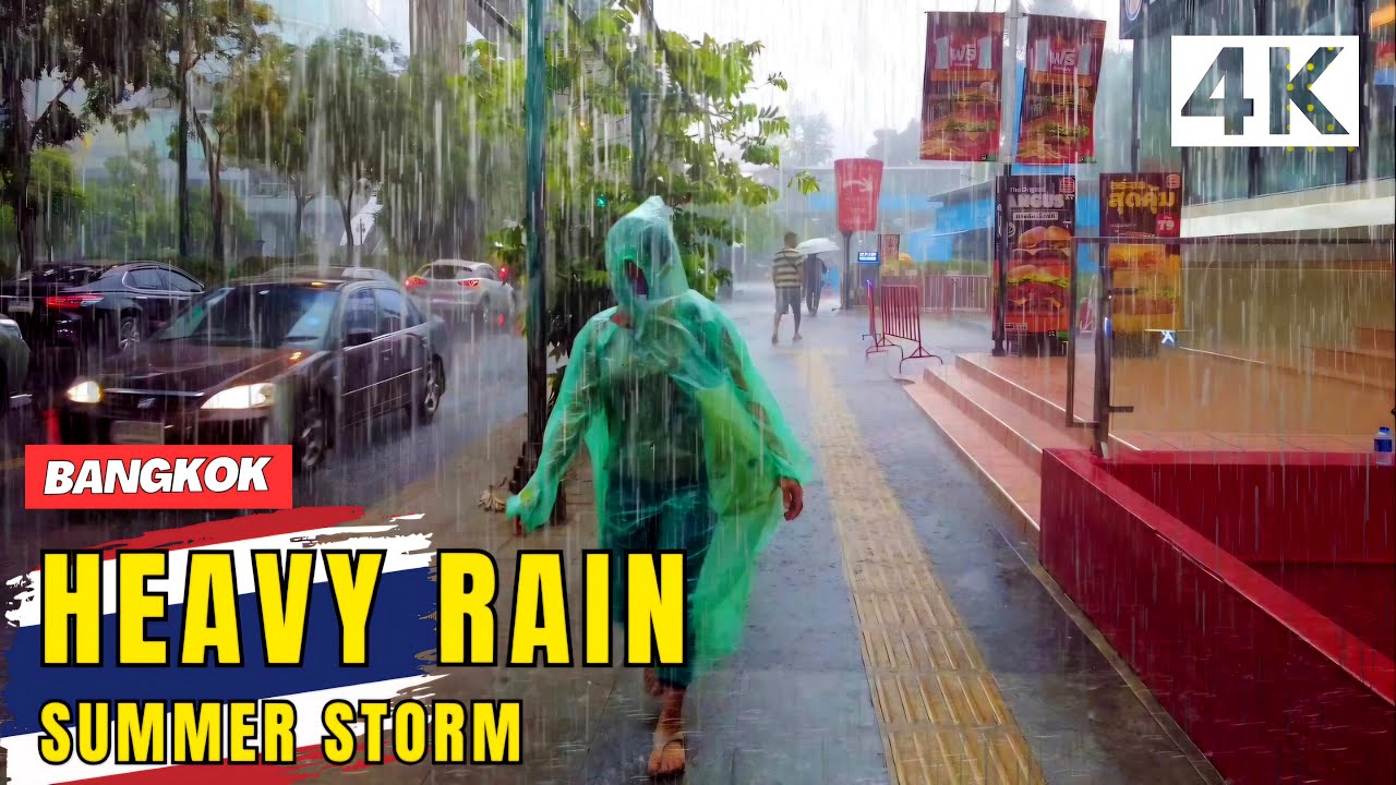 [4K] Heavy Rain Summer Storm Hits Bangkok 🇹🇭 Walking Tour (ASMR Heavy Rain Sounds)