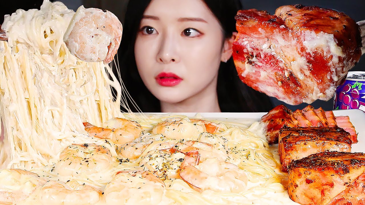 MUKBANG * Паста с креветками Альфредо & Жареный бекон * Сырная паста с кремом ASMR Eating Show