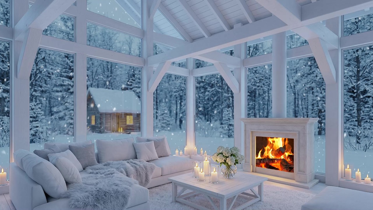 ❄️🎼 Tranquil Snowy Piano Lounge Setting | Firelight Glow, Snowfall & Flowers | Study Relax Focus
