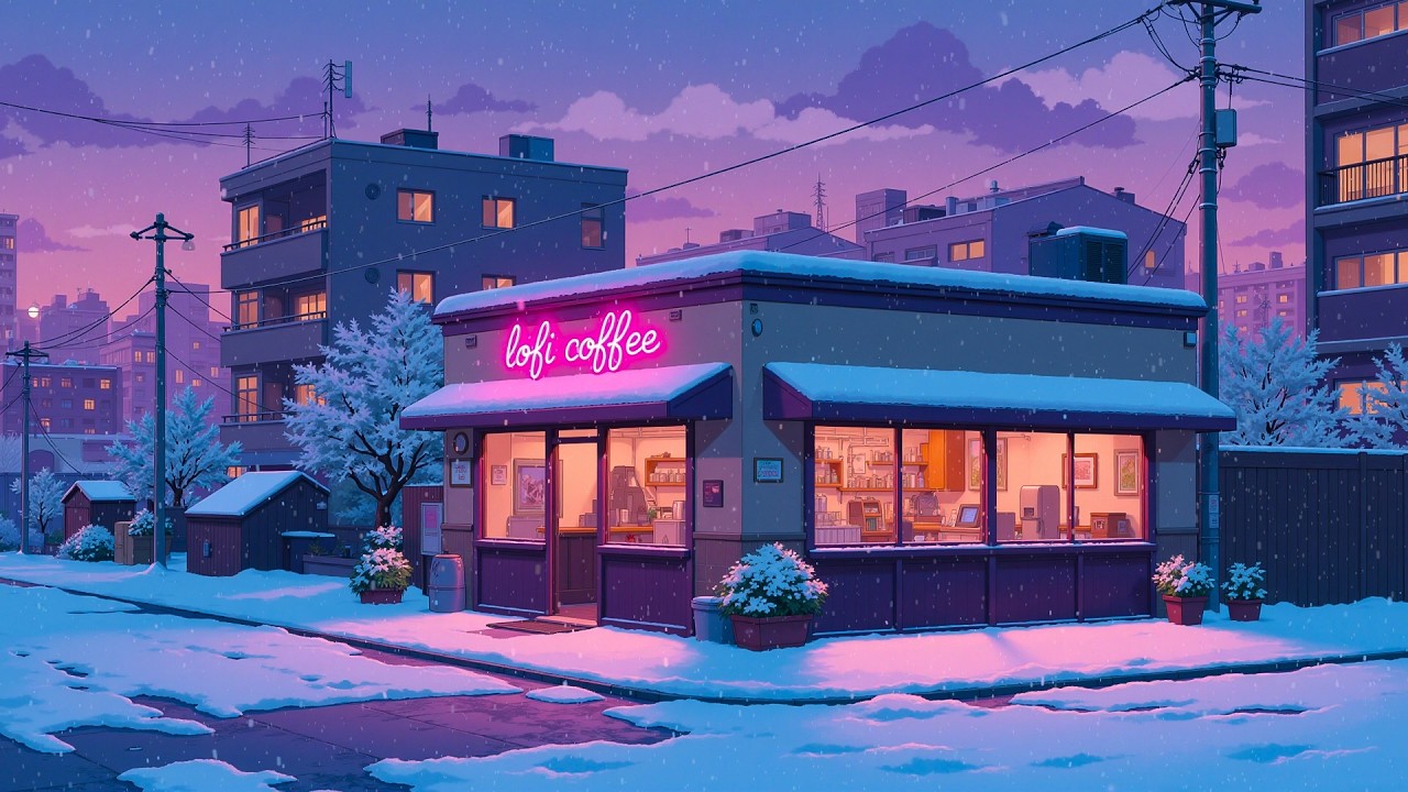 Quiet Winter Coffee Shop ❄️ Snowy Neon Lofi Caf&eacute; ☕ Soft Night Beats for Study, Relax & Focus.