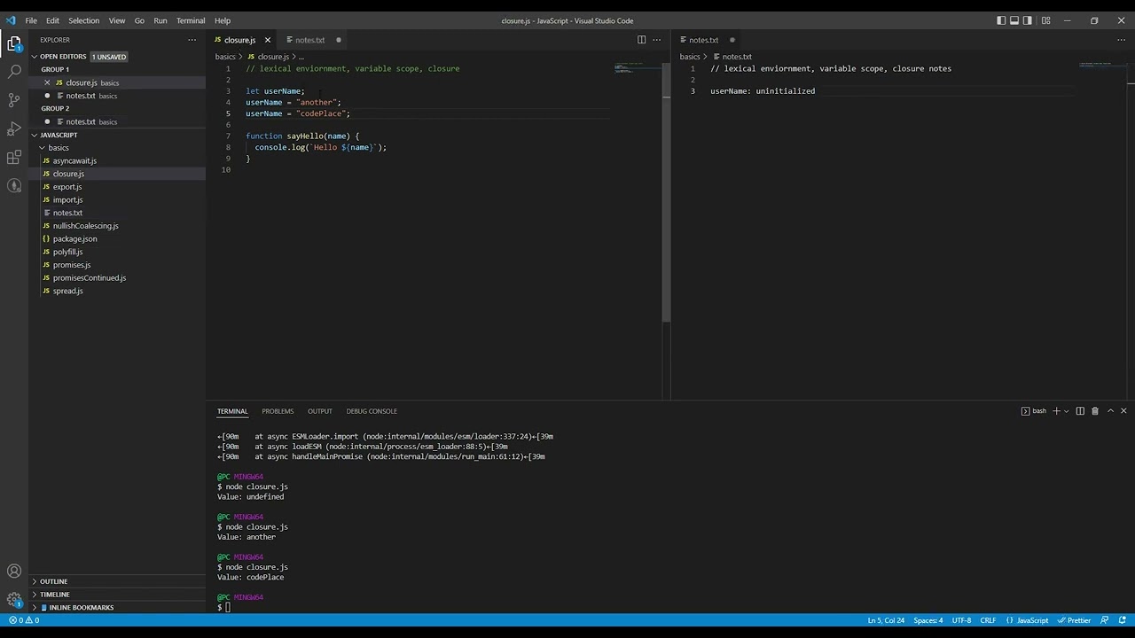 JavaScript - Basics - Lexical Environment, Variable scope, Closure