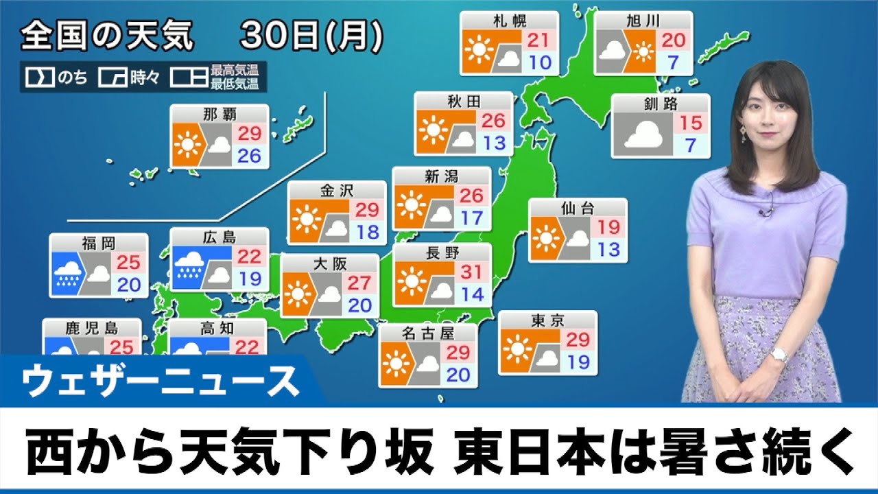 【5月30日(月)の天気予報】西から天気下り坂、東日本は暑さ続く