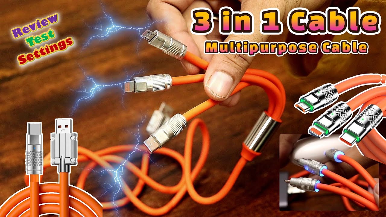 3 in 1 Fast Charging Cable 120W | Orange Cable | Multi Charging Cord for Android, iPhone | USB Cable