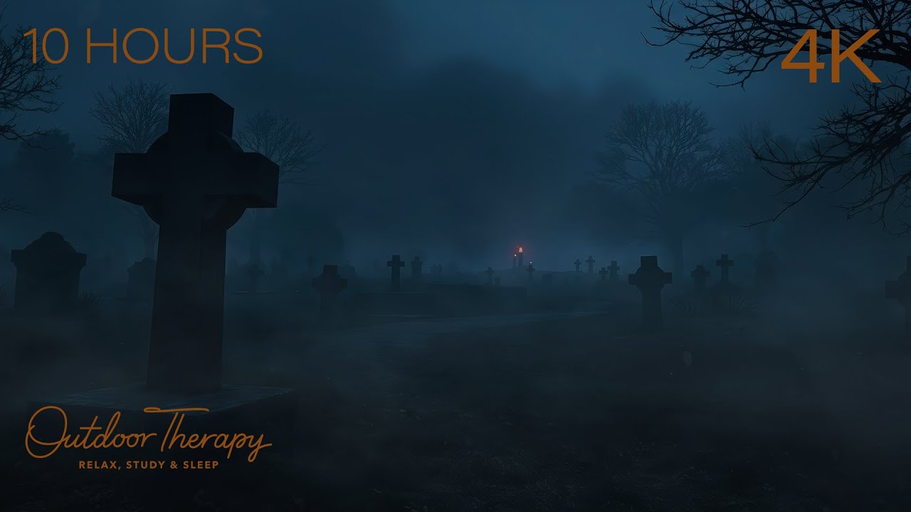 Foggy Cemetery at Dusk | Whispering Wind, Blowing Leaves & Subtle Footsteps Ambience [4K] 10 Hours