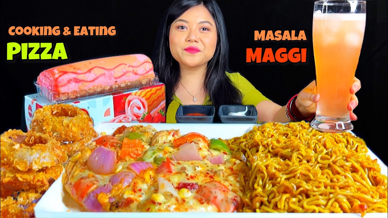 COOKING & EATING PIZZA, MAGGI & ONION RINGS | PIZZA RECIPE WITHOUT OVEN | STREET FOOD | MUKBANG ASMR
