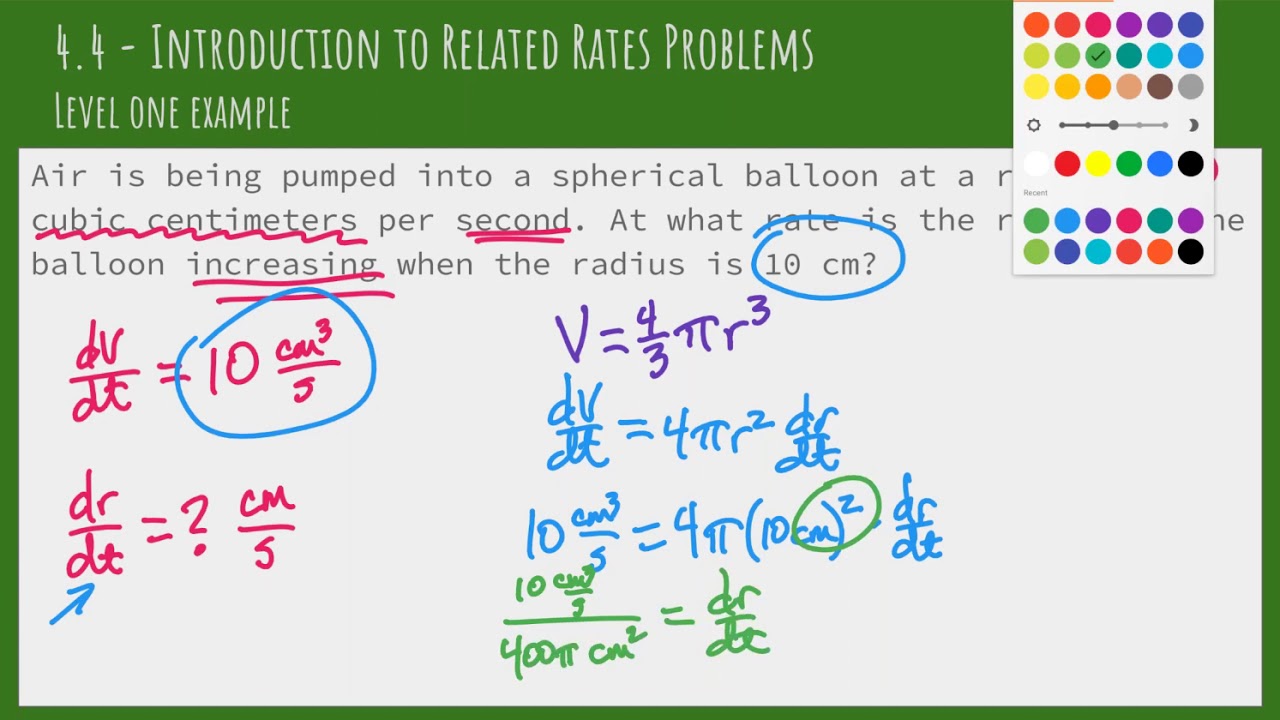 4.4 - Intro to Related Rates Problems - Level 1 Examples