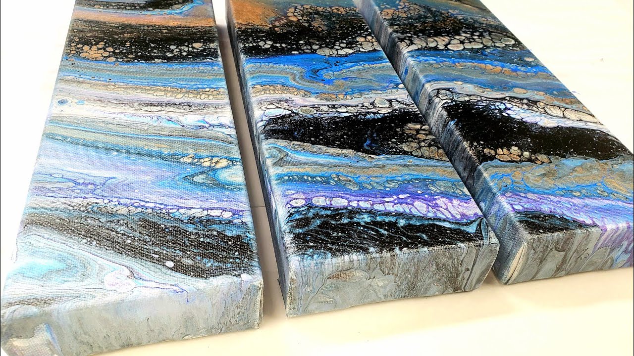 STUNNING Acrylic Pour Triptych with Ribbons, Color Shift, and Decoart Metallics