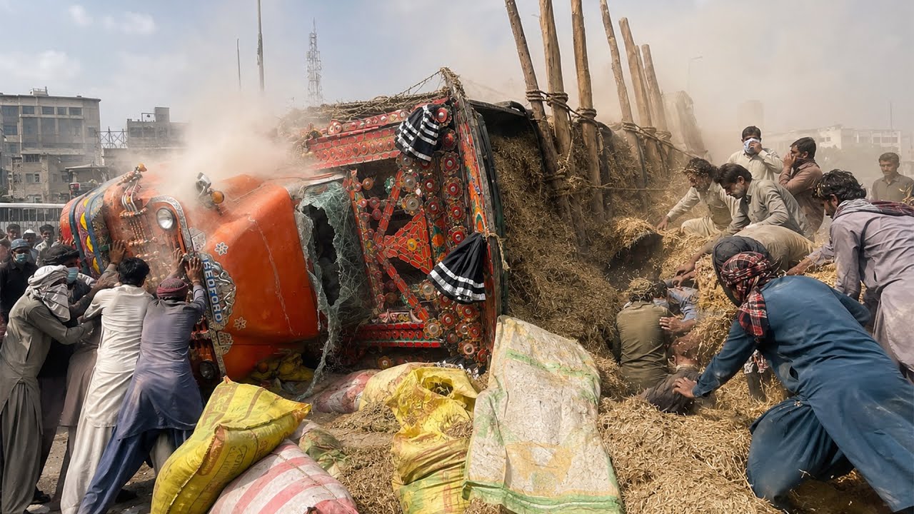 Overloaded Straw Truck Rolled Over & Recovered by Locals & Mechanics 