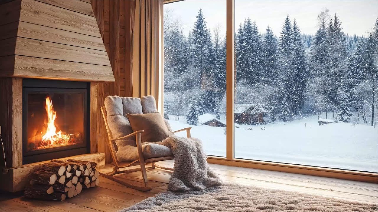 3 Hours Winter Living Room with Snowfall Outside │ Warm Indoor Ambience & Soft Fireplace Sounds