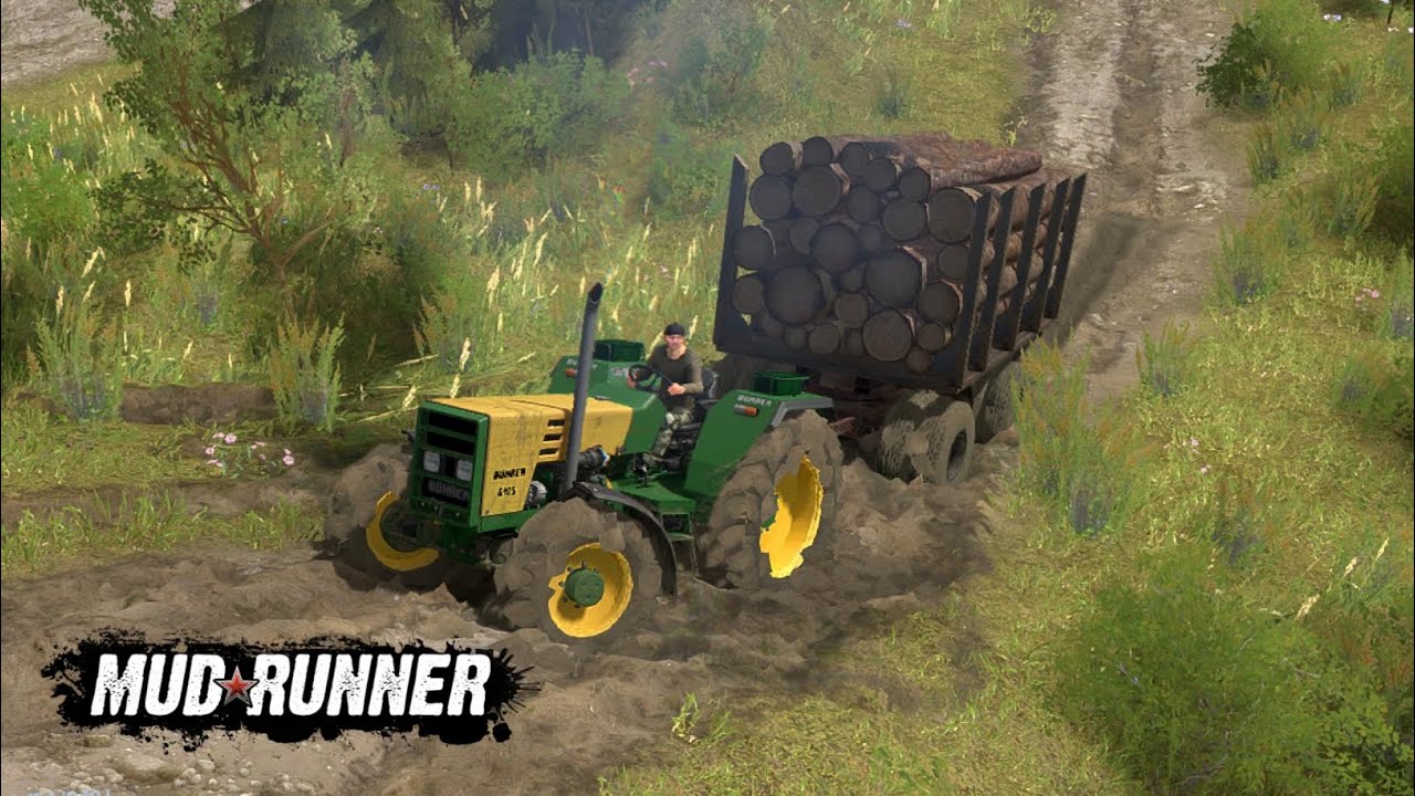 Tractor with Wood Trailer drive on Dangerous Road! Mudrunner Gameplay