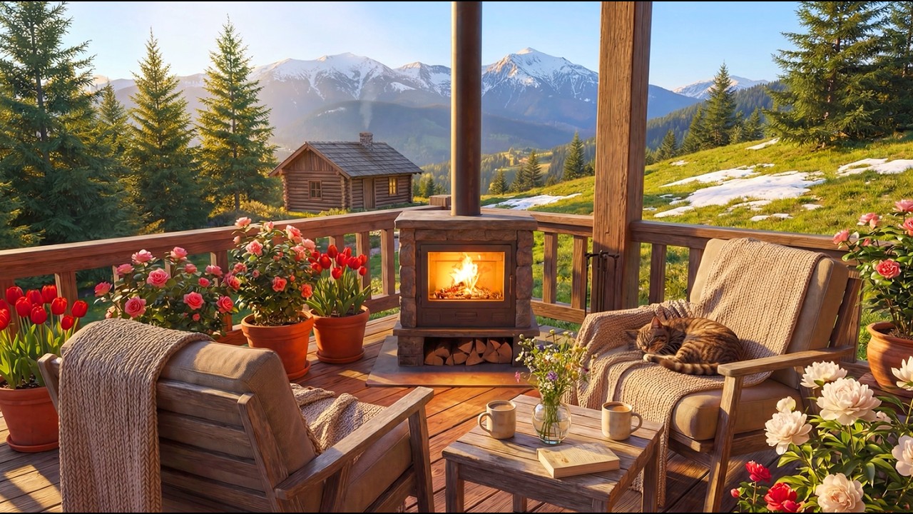 Spring Morning in a Mountain Cabin 🌸 Fireplace & Peaceful Nature Sounds