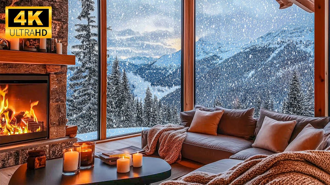 🏔️ Cozy Mountain Cabin | Snowfall & Fireplace Ambience in 4K Ultra HD