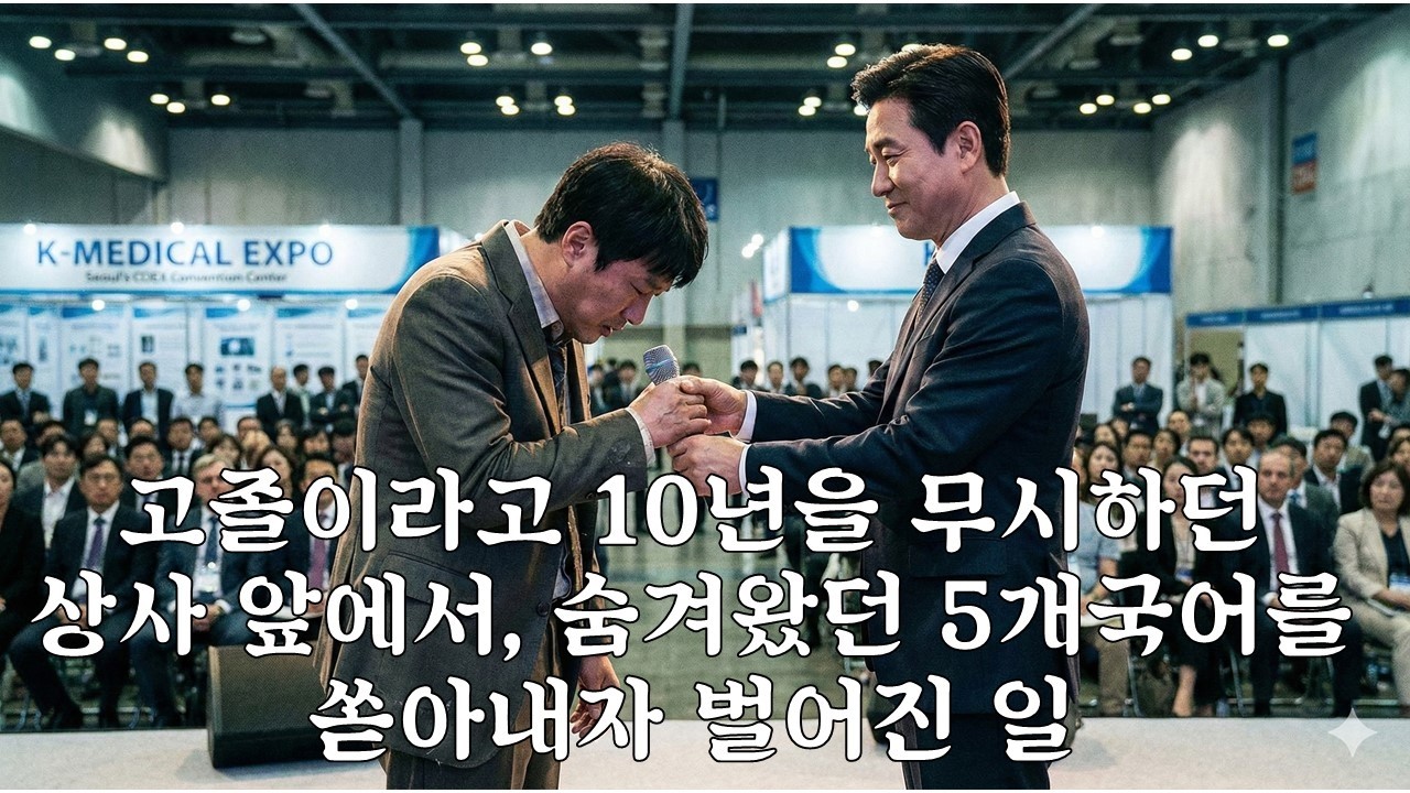 고졸이라고 10년을 무시하던 상사 앞에서, 숨겨왔던 5개 국어를 쏟아내자 전시장이 뒤집어졌습니다