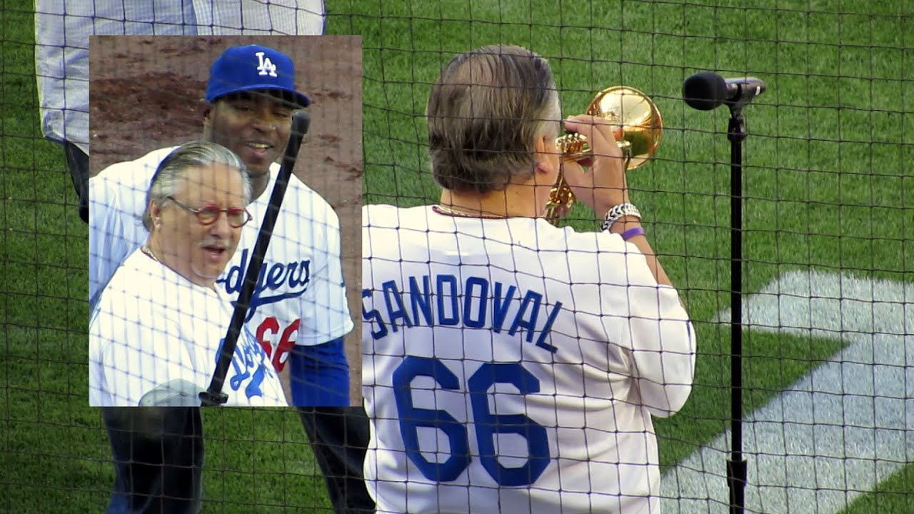 Arturo Sandoval Dodgers Nat. Anthem & Meets Yasiel Puig - Fellow Cuban 4-6-14