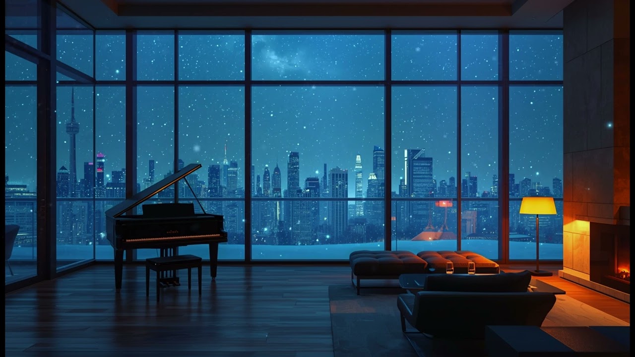 Snowfall Piano Relaxation ❄️ Luxury Glass Wall Night