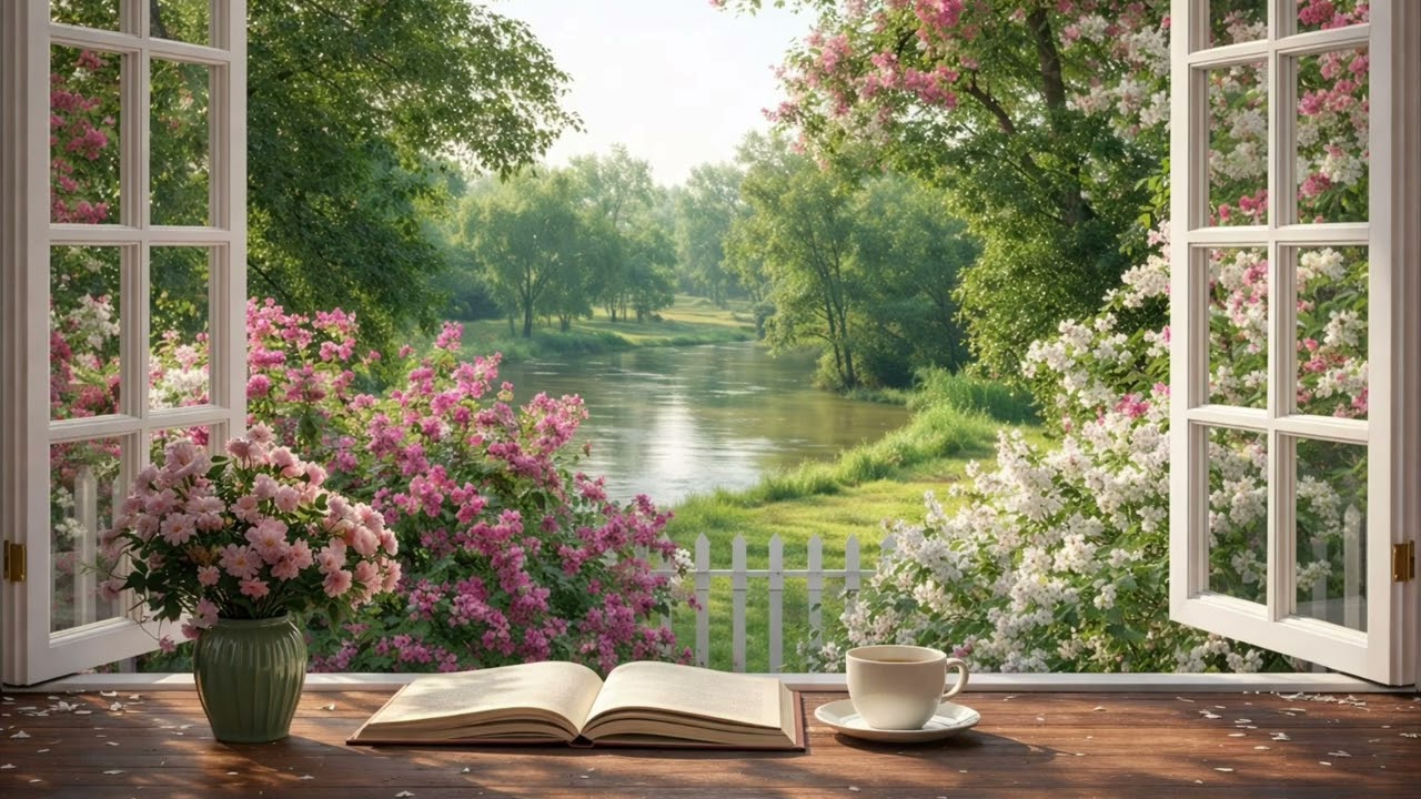 Peaceful Spring Morning 🌸 Cozy Window Piano Ambience by the River 3 Hours