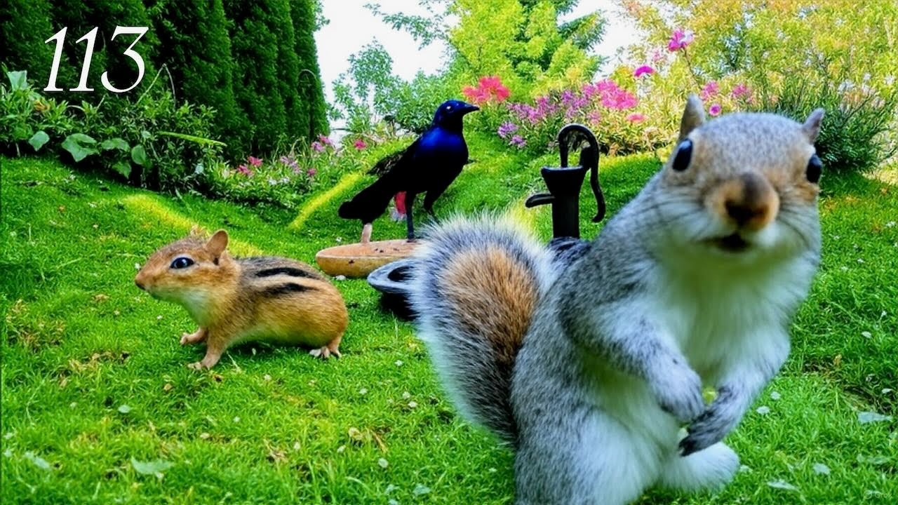 Cat TV: Chipmunks, Birds and Squirrels in a Beautiful Garden. 4K. Episode 113