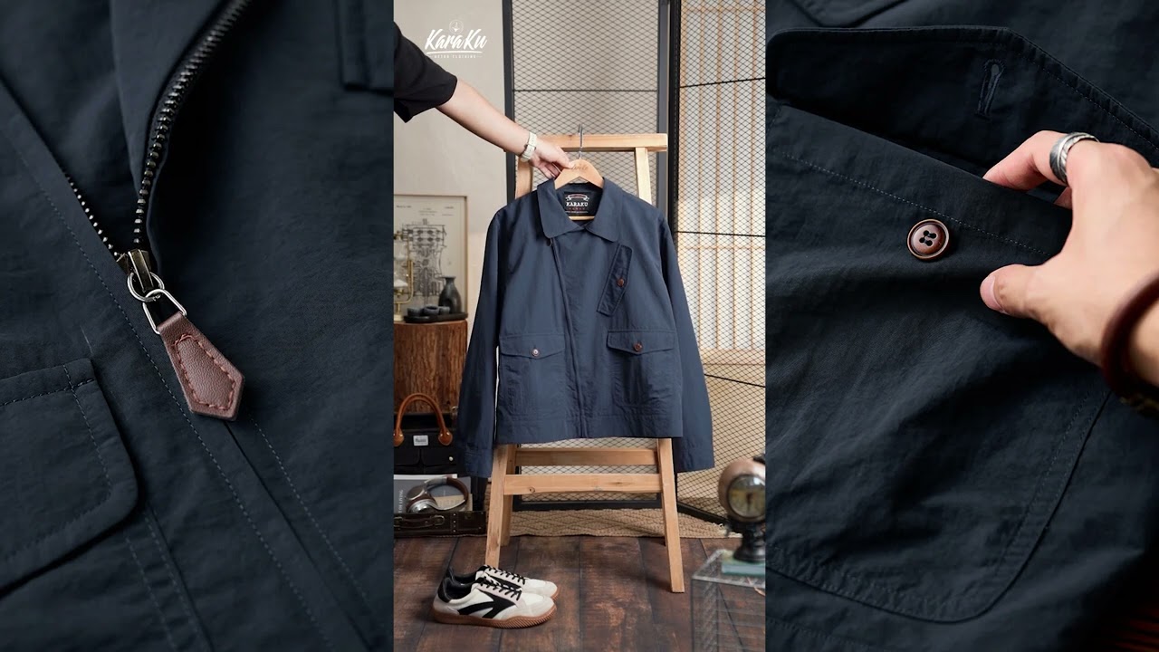 KARAKU Outdoor Features & Diagonal Zipper Lightweight Nylon Jacket