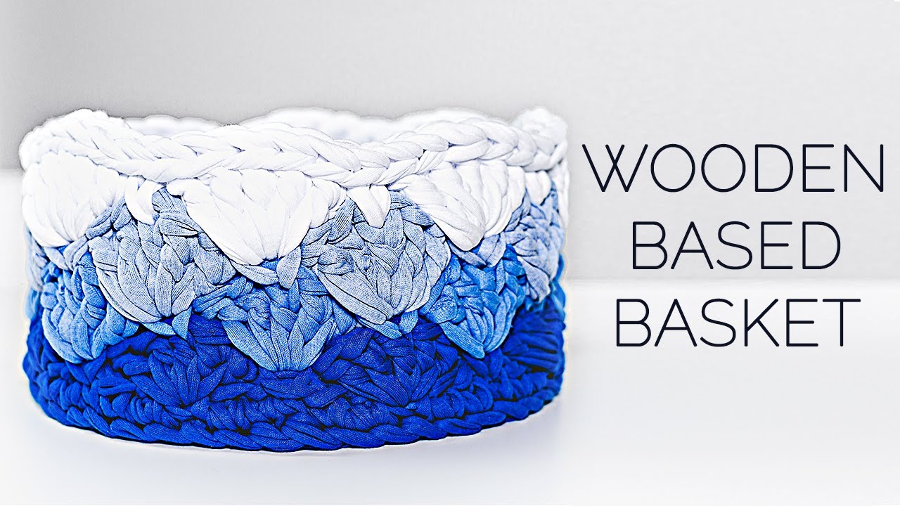 How to crochet a round basket with wooden bottom | Crochet basket with sea waves