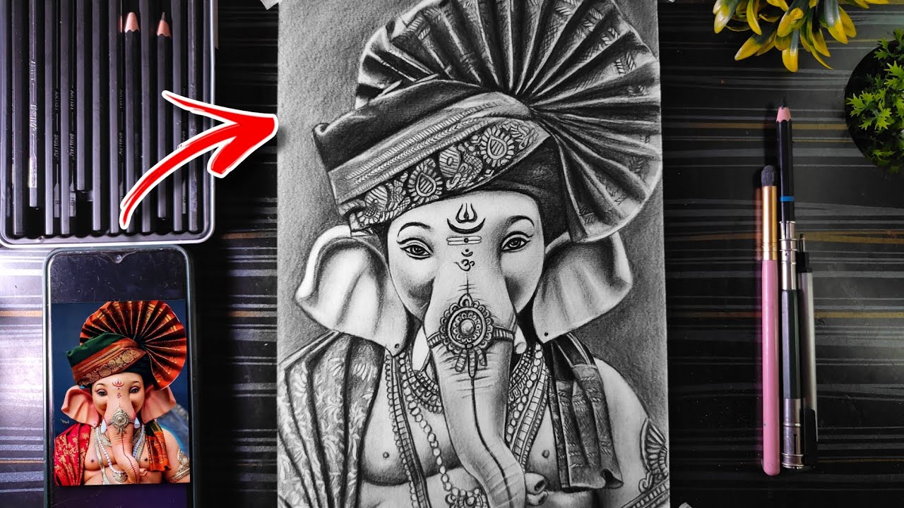 Lord Ganesha Pencil Shading Final Part, Ganesh Chaturthi Drawing, Ganapati Bappa Drawing With Pagdi