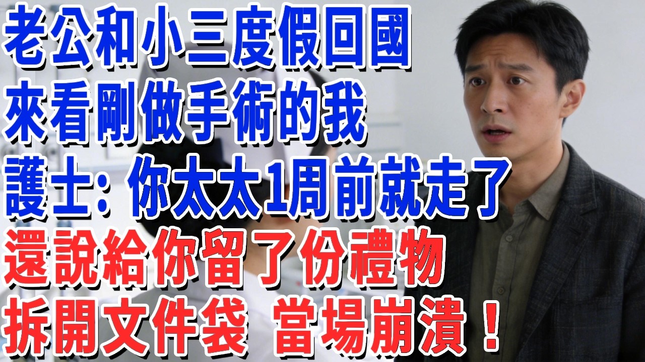 老公和小三度假回國，來看剛做手術的我，護士：你太太1周前就走了，還說給你留了份禮物，拆開文件袋 當場崩潰！#妮妮故事會 #情感故事 #老年生活