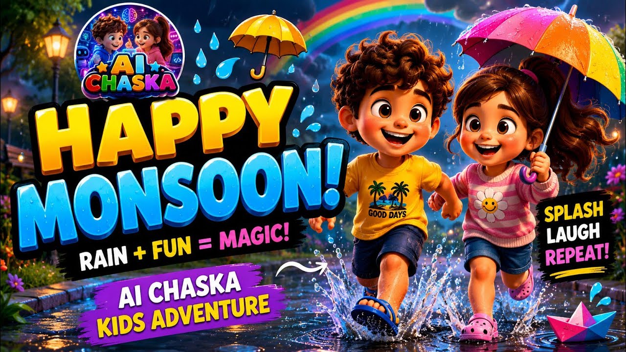 Happy Monsoon 🌧️🌈 Kids Rain Adventure | Splashing in Puddles | AI Chaska Funny Animation #cute #rain