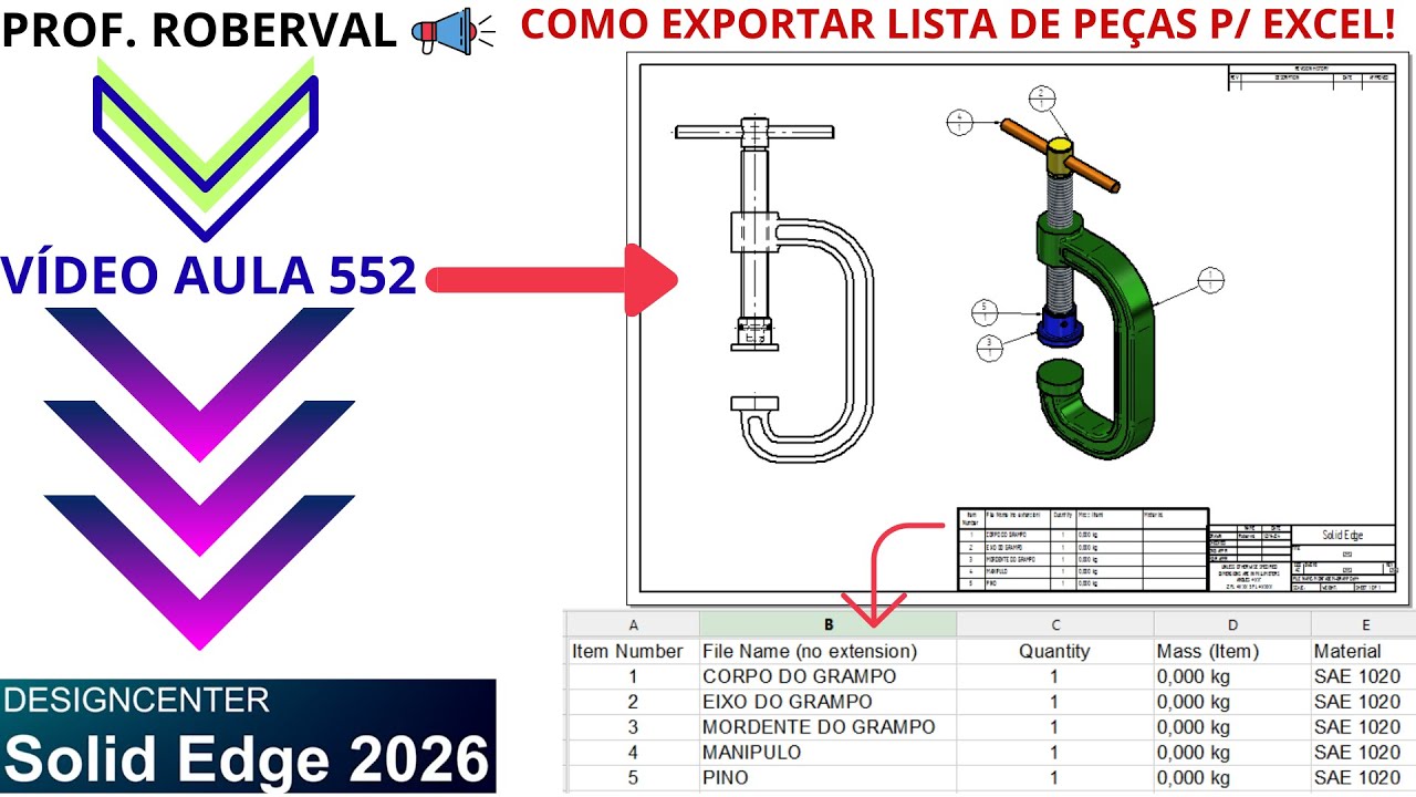 AULA 552 - Como Exportar Lista de Peças do Desenho 2D para Excel no Solid Edge 2026