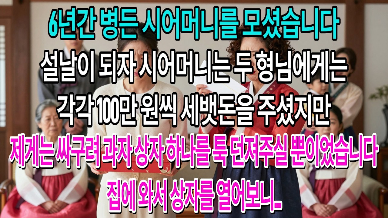 6년간 병든 시어머니를 모셨습니다.설날이 되자 시어머니는 두 형님에게는 각각 100만 원씩 세뱃돈을 주셨지만,제게는 싸구려 과자 상자 하나를 툭 던져주실 뿐이었습니다| 고부사연 |
