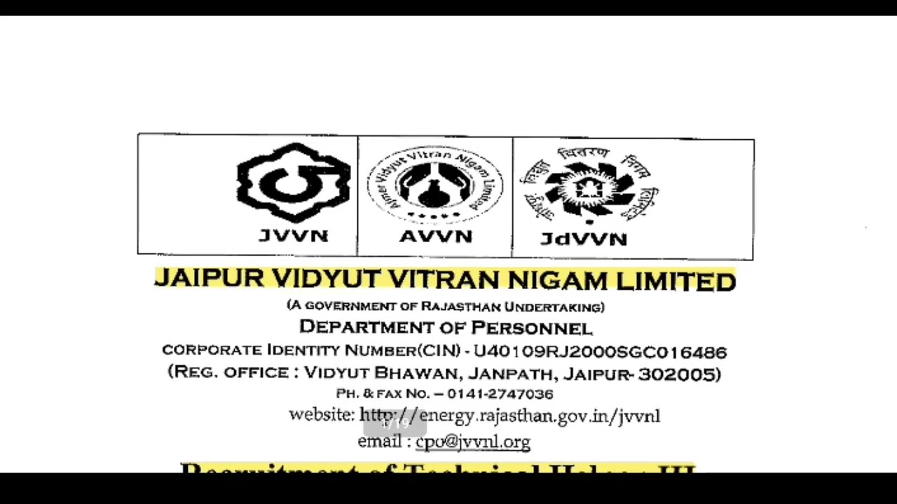 Rajasthan RVVUNL, JVVNL, JdVVNL, AVVNL Technical Helper III&nbsp;| RVVUNL, JVVNL full Details
