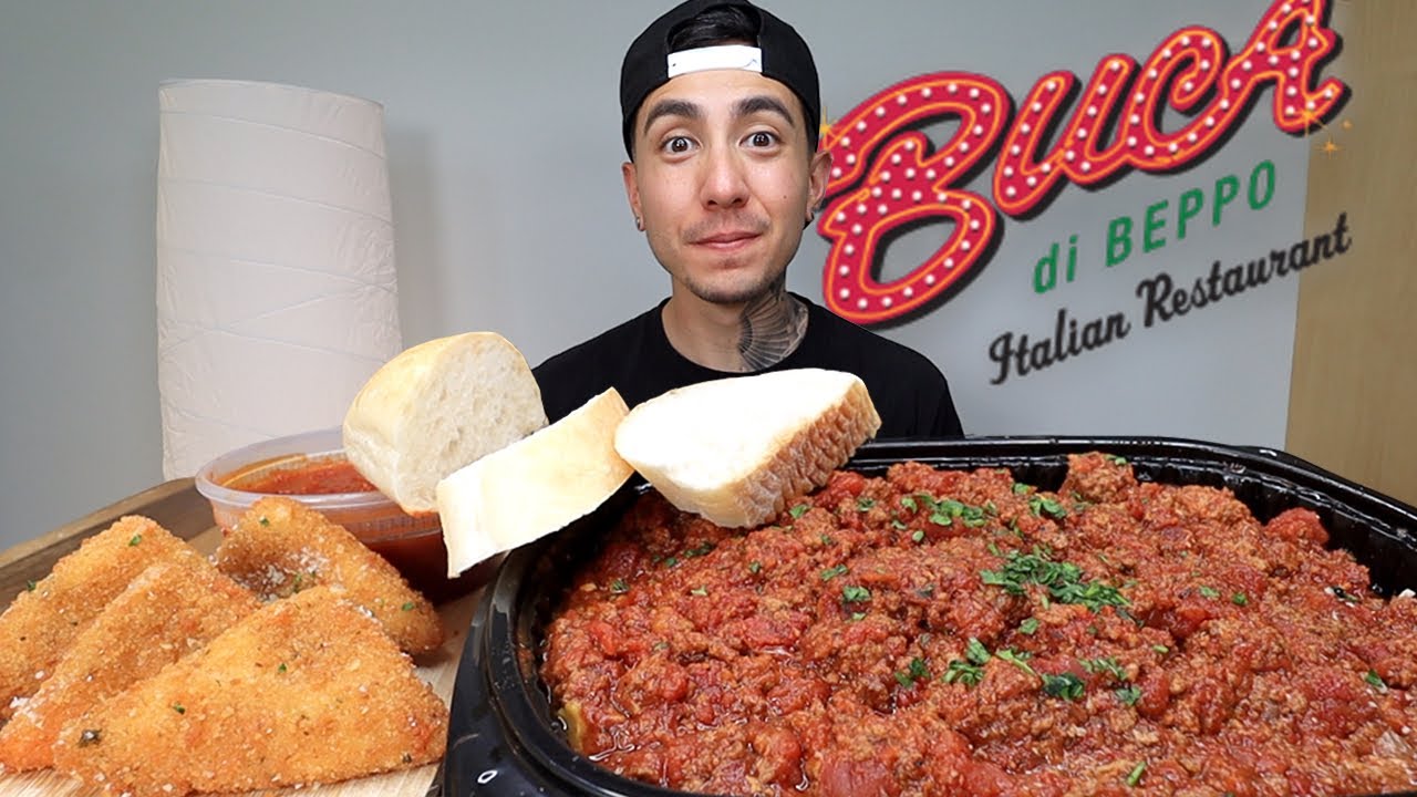 MUKBANG EATING Meat Sauce Ravioli, Fried Mozzarella From Buca Di Beppo