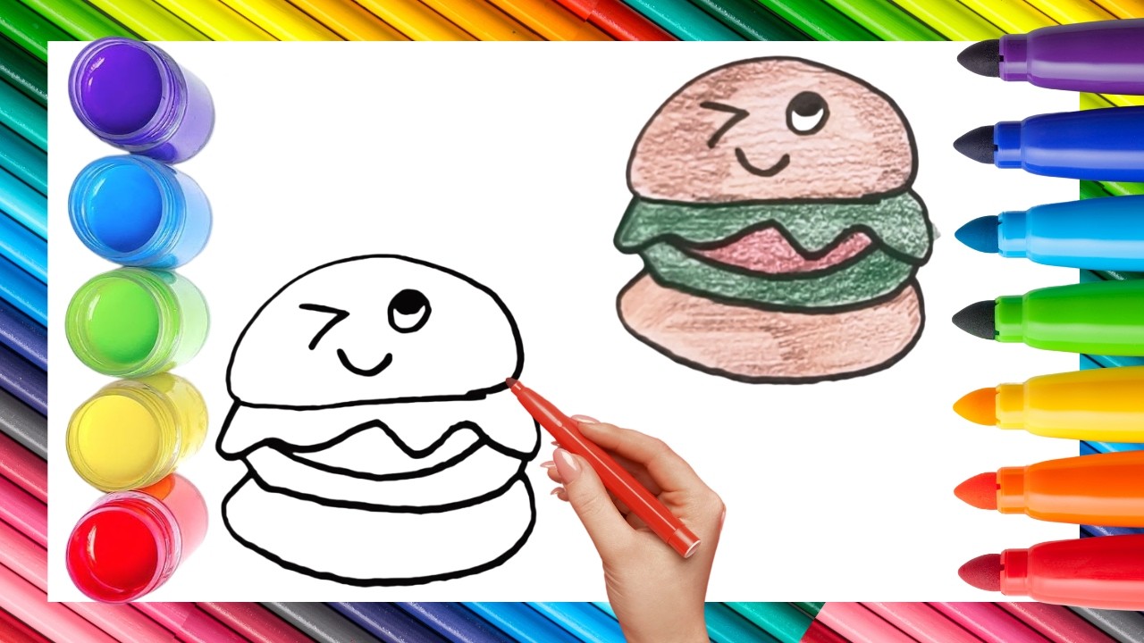 How To Draw cute Burger Drawing, Painting & Coloring For Kids and Toddlers_ Child Art 🐋🌈🎨