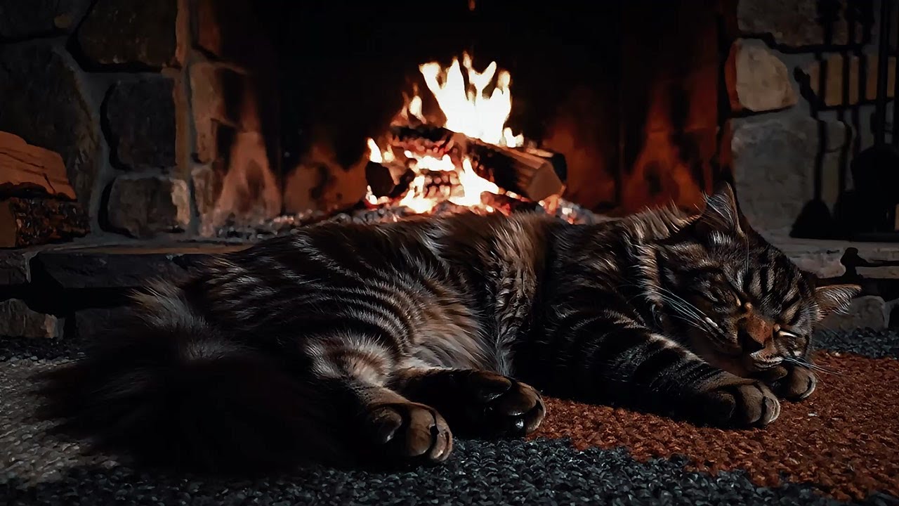 Calm Fireplace 🔥 Sleep Cat 🐱 Relaxing Music Piano 🎹 Live