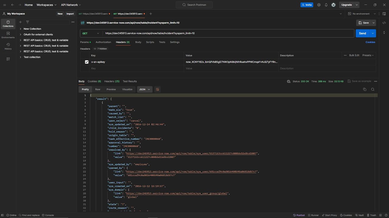 Inbound REST API Key | com.glide.tokenbased_auth Plugin | Postman | GET | 200 OK | ServiceNow