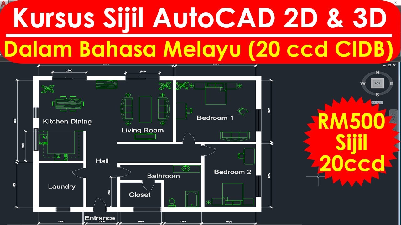 AutoCAD Tutorial Bahasa Melayu - Membina Lukisan Pelan Bangunan Rumah Lengkap