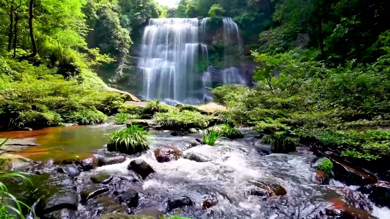 Waterfall flowing over rocks in forest 4k  Relaxing flowing water, White Noise for Sleep, Meditation
