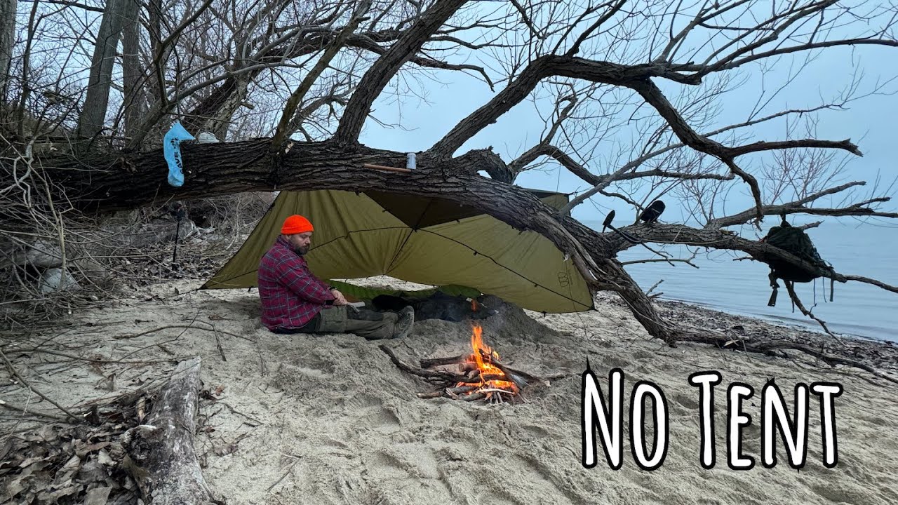 Winter Camping on a Beach with No Tent | Tarp Camping with my dog | Morning Rain