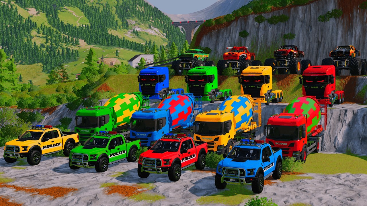 Garage with Colors ALL MIXER TRUCKS, MONSTER TRUCK, POLICE CARS WITH DOUBLE FLATBED TRAILERS, SCANIA