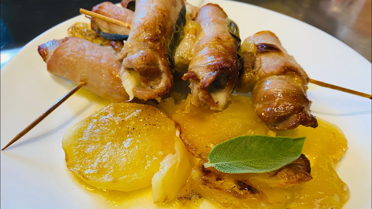 Lonza di maiale.￼ involtini con pancetta e parmigiano su letto di patate al forno .che  spettacolo