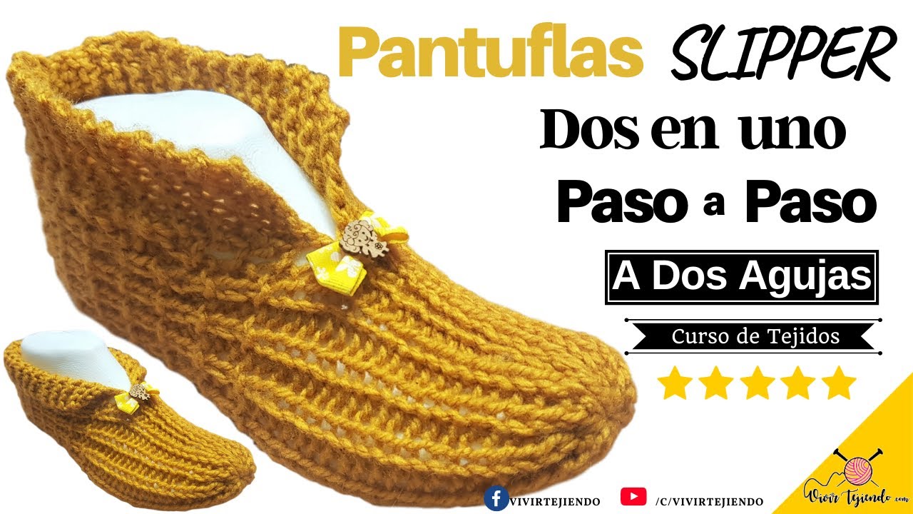 【Rápido y Fácil TEJIDOS A DOS AGUJAS】 ✅ Pantuflas Slipper a 2 Agujas con Punto Elástico 1x1